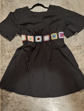 Black Mini Dress with Multicolor Crochet Waist